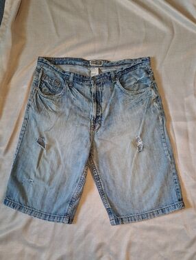VTG Route 66 Distressed Denim Shorts Jorts Size 38 Light Wash